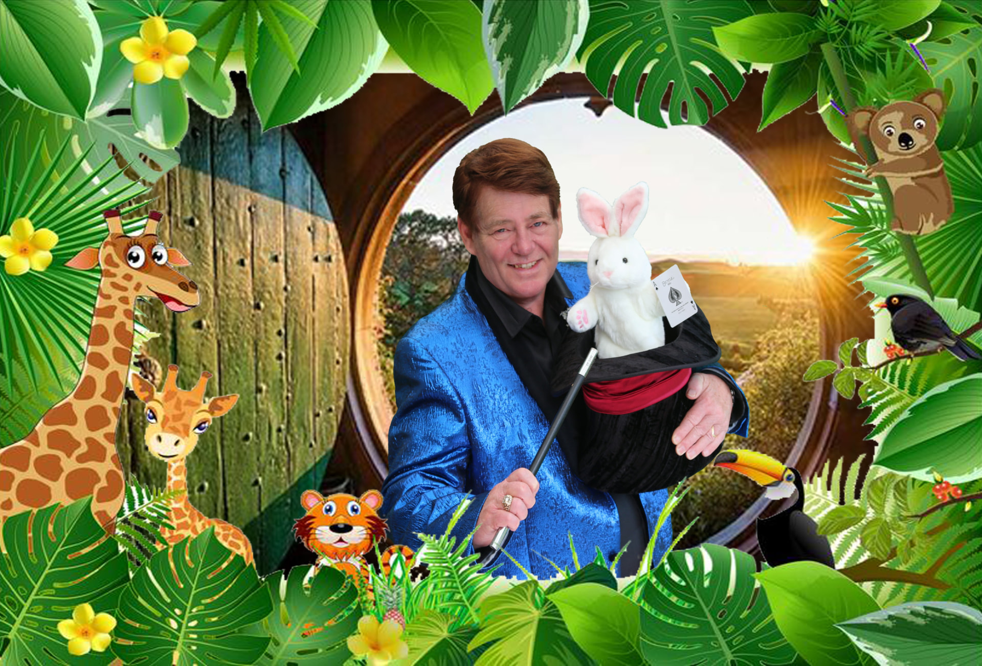 Alan Watson with a rabbit in a top hat, surrounded by friendly jungle animals