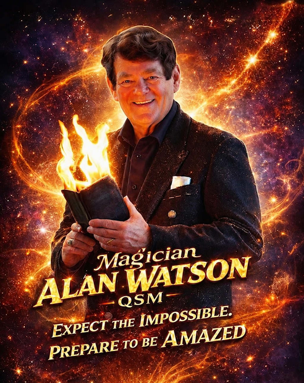 Magician Alan Watson QSM holding a flaming wallet