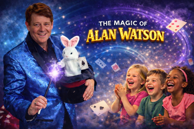 The Magic of Alan Watson — Alan performing with a rabbit in a hat as children laugh